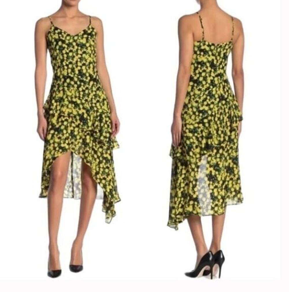 Parker Women Black Lemon Print Ruffles Midi Dress Medium